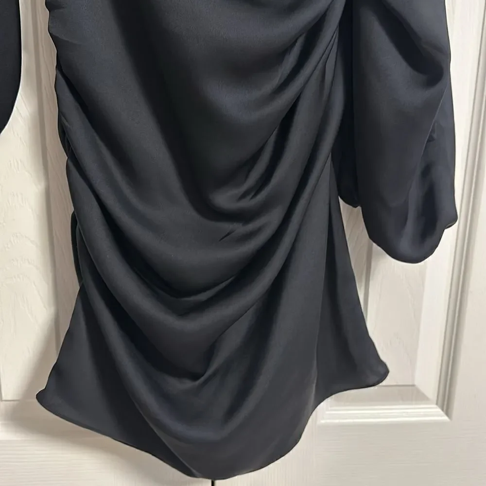 RAMY BROOK Louisa Long Sleeve Black One Shoulder Satin Mini Cocktail Dress Siz 4